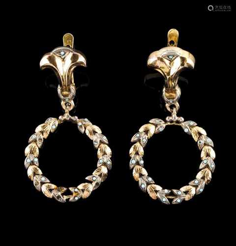 A pair of earringsGold and silverPendant garland shaped set with micro turquoisesOporto hallmarks,