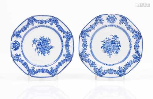 A pair of octagonal platesChinese export porcelainFloral underglaze blue decoration with European