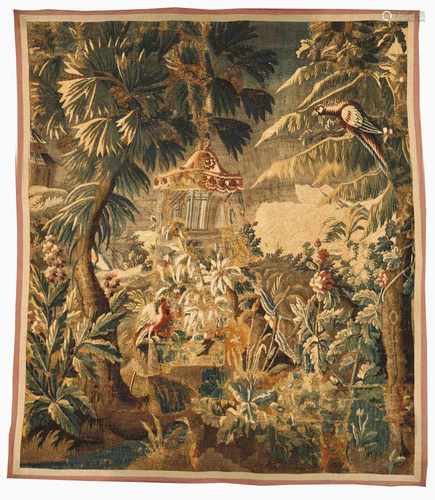 An Aubusson tapestryPolychrome wool threads depicting landscape with building and birdsFrance,