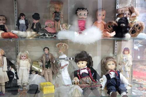 Four shelves of dolls