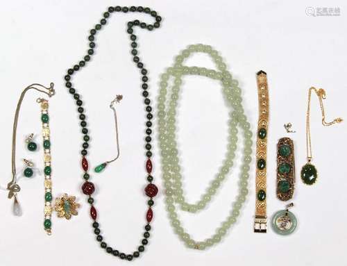 Collection of carnelian, jade, aventurine, 14k gold and