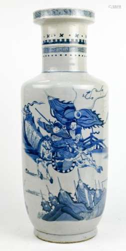 Chinese Blue-and-White Rouleau Vase, Battle