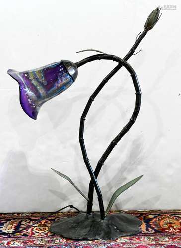 Multi-metal and art glass floral form lamp, having a