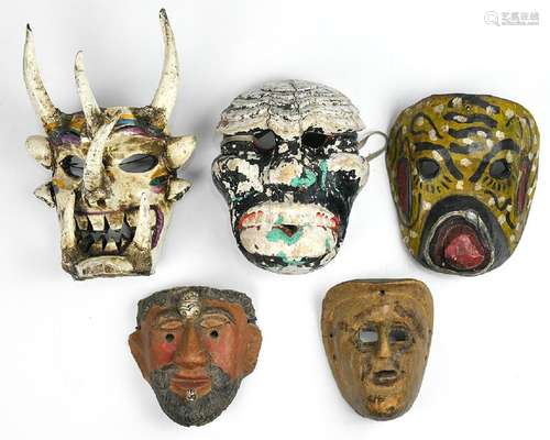 (lot of 5) Mexican polychrome decorated masks, one