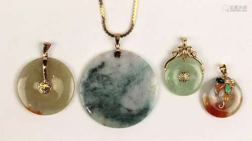 (Lot of 4) Jade, 14k yellow gold pendants and necklaces