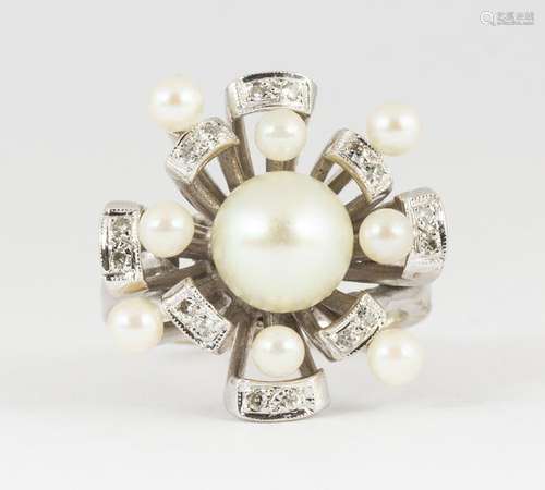 Cultured pearl, diamond and 14k white gold ring