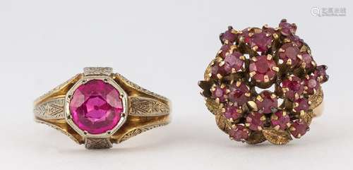 (Lot of 2) Synthetic ruby, sapphire and yellow gold