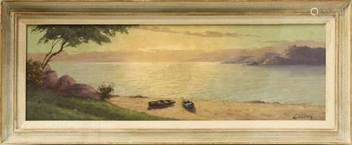 Painting, Sunset on the Coast with Row Boats