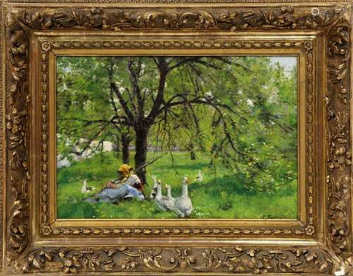 Painting, Landscape with Figure and Geese