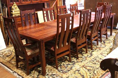 (lot of 11) Mission stlye dining table with ten chairs