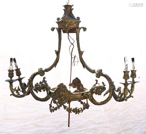 Classical style bronze chandelier, having a center