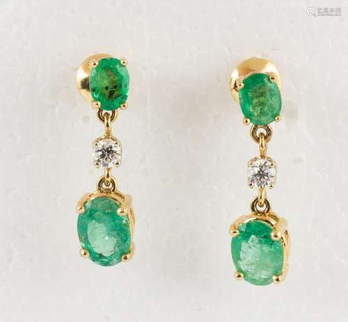 Pair of emerald, diamond and 14k yellow gold earrings