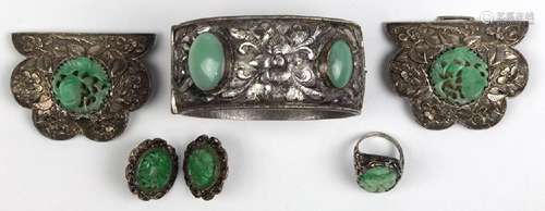 Jadeite, enamel and silver jewelry suite