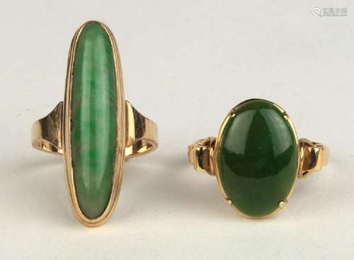 (Lot of 2) Jade and yellow gold rings