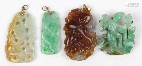 (Lot of 4) Carved jade, agate, gold and gold-filled