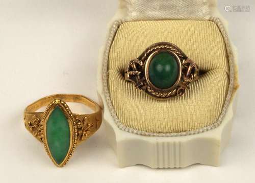 (Lot of 2) Jadeite, turquoise, 22k yellow gold and