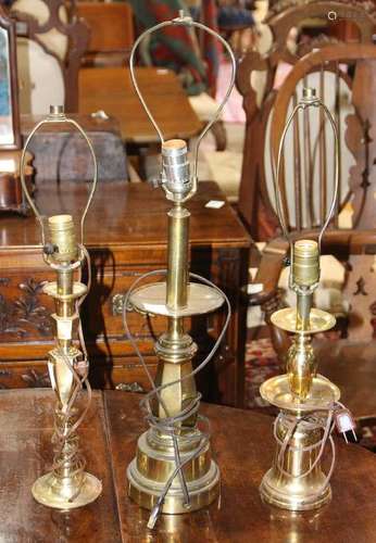 (lot of 3) Vintage brass turned lamp bases, each with a