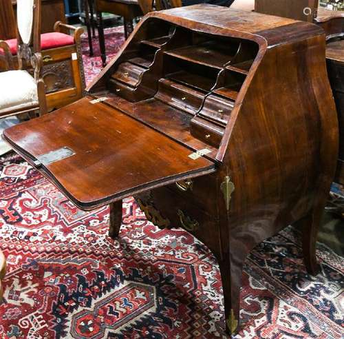 Chippendale style mahogany bombe desk, having a slant