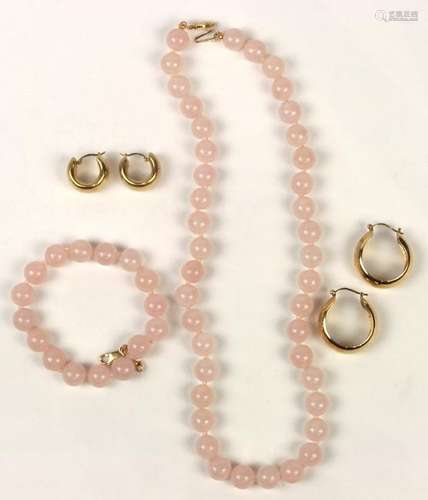 (Lot of 4) Rose quartz and 14k yellow gold jewelry