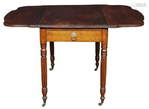 Drop leaf table, rising on reeded legs, 28