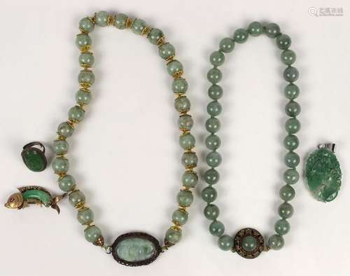 (Lot of 5) Jade, silver and metal jewelry