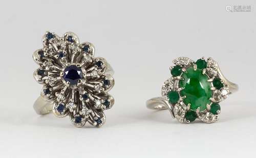 (Lot of 2) Multi-stone, synthetic sapphire, diamond and