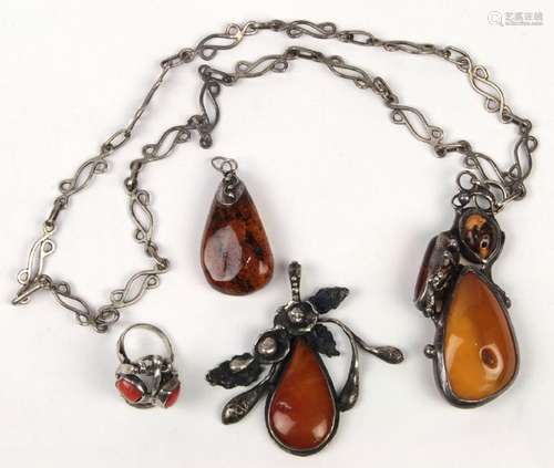 (Lot of 4) Amber, coral and silver jewelry