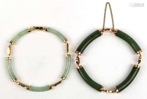 (Lot of 2) Jade and 14k yellow gold bracelets