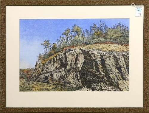 Watercolor, Autumn Forest on a Rocky Bluff