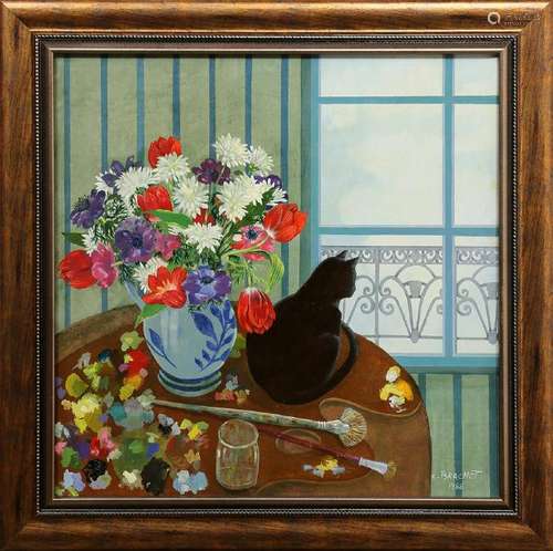 Painting, Still Life with Cat and Flowers