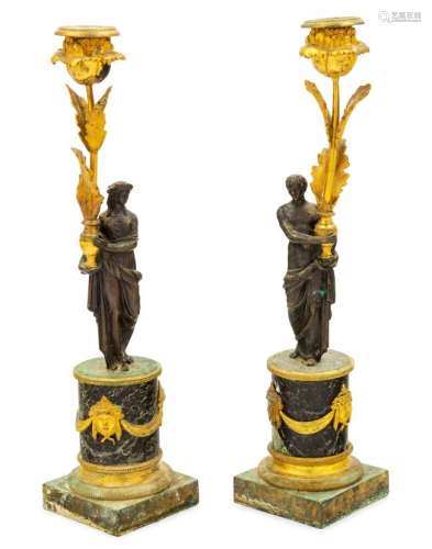 A Pair of Empire Style Gilt Bronze and Marble