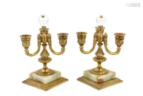 A Pair of Pairpoint Gilt Metal and Onyx Candelabra