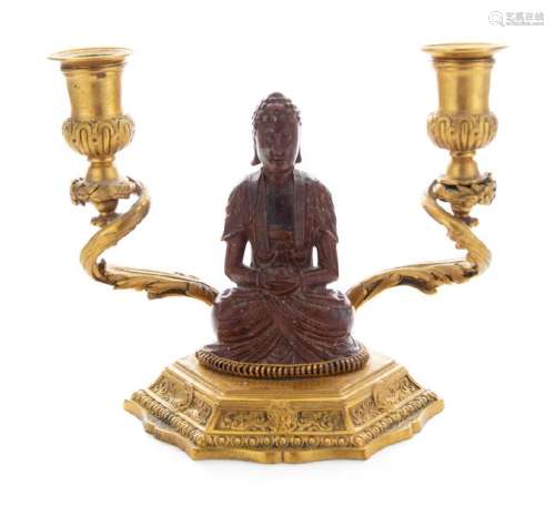 *A Chinese Hardstone Mounted Gilt Bronze Two-Light