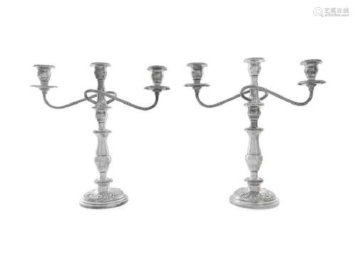 A Pair of American Silver Three-Light Candlesticks