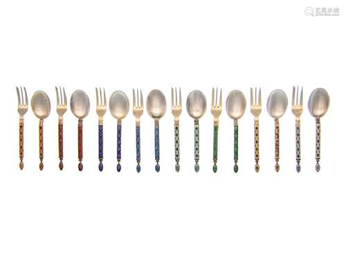 *A Norwegian Enameled Silver Flatware