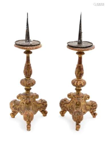 A Pair of Italian Giltwood Prickets