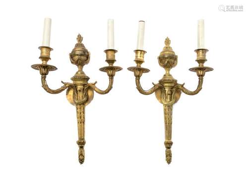 A Pair of Louis XVI Style Gilt Metal Two-Light Sconces