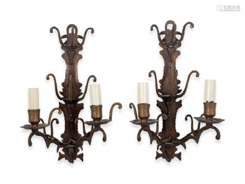 A Pair of French Bronze Two-Light Sconces