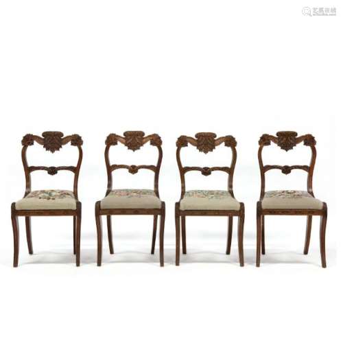 Set of Four American Greek Revival Carved Oak Chairs