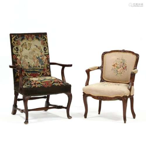 Two Continental Needlepoint Armchairs