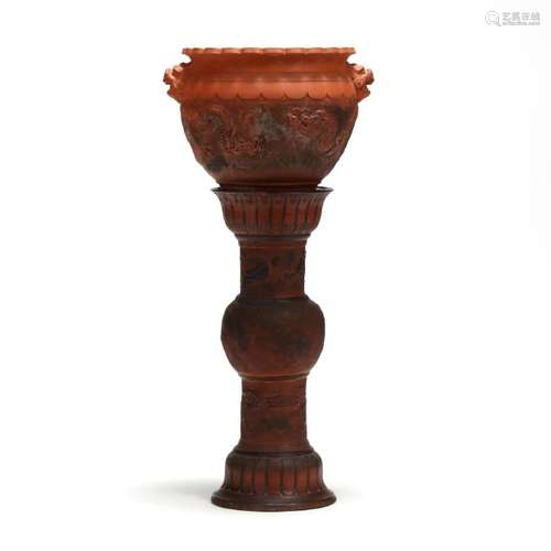 A Japanese Tokoname Redware Dragon Jardiniere and Stand