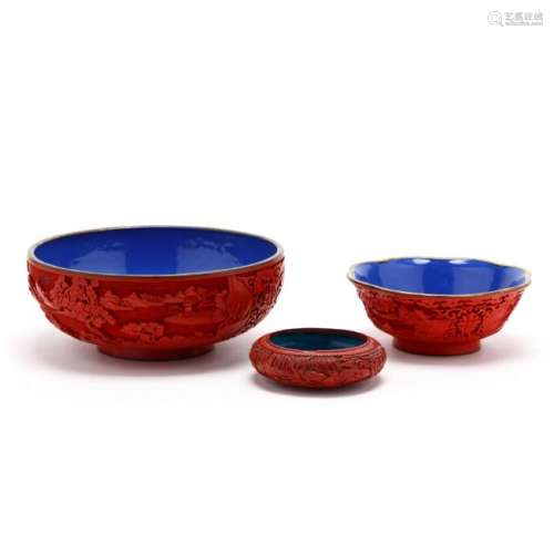 Three Chinese Red Cinnabar Cloisonne Bowls