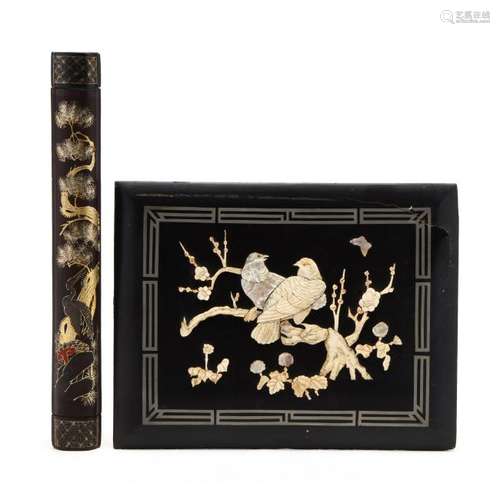 An Asian Lacquer Inlaid panel and Large Ink Brush with