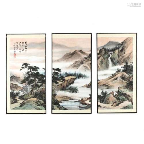 A Chinese Landscape Painting in Three Panels