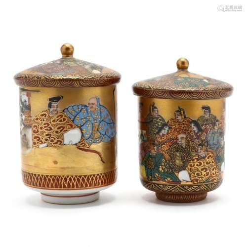 Two Japanese Porcelain Satsuma Cups with Lids