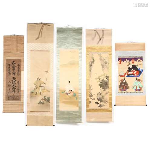 A Group of Five Japanese Hanging Scrolls