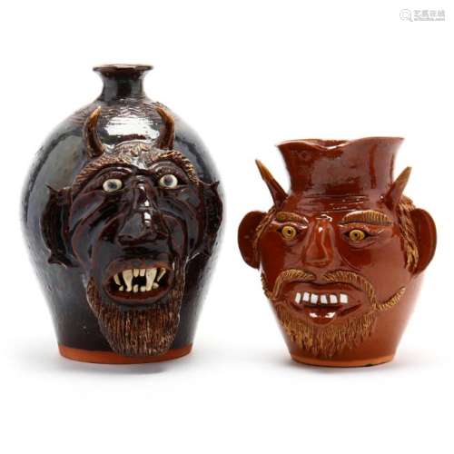 Two NC Folk Pottery Devil Jugs, Albert Hodge