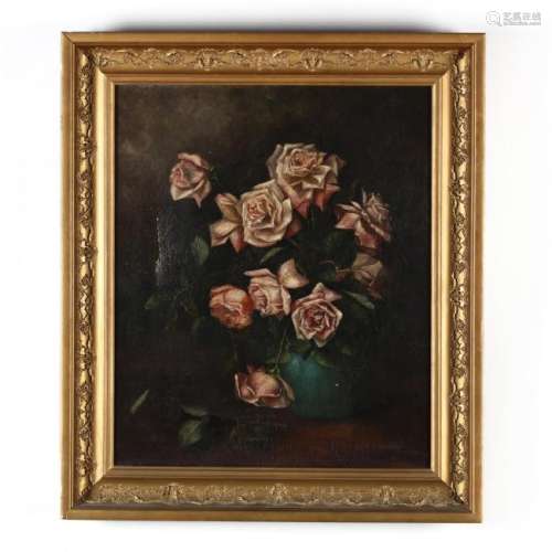 An Antique Still Life Painting of Pink Roses