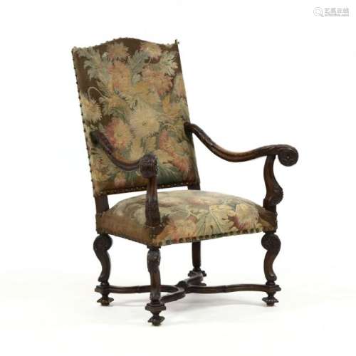 Antique Renaissance Style Carved Walnut Hall Chair