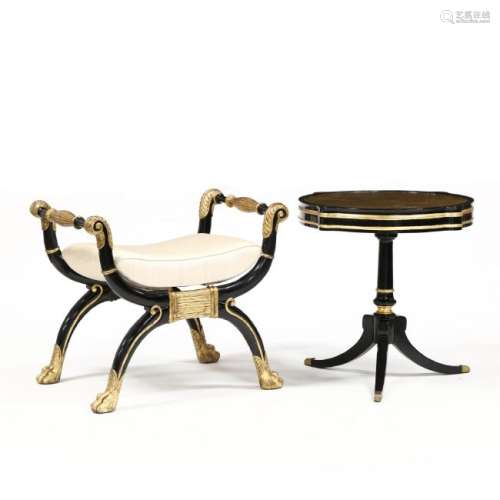 Neoclassical Style Curule Bench and Side Table